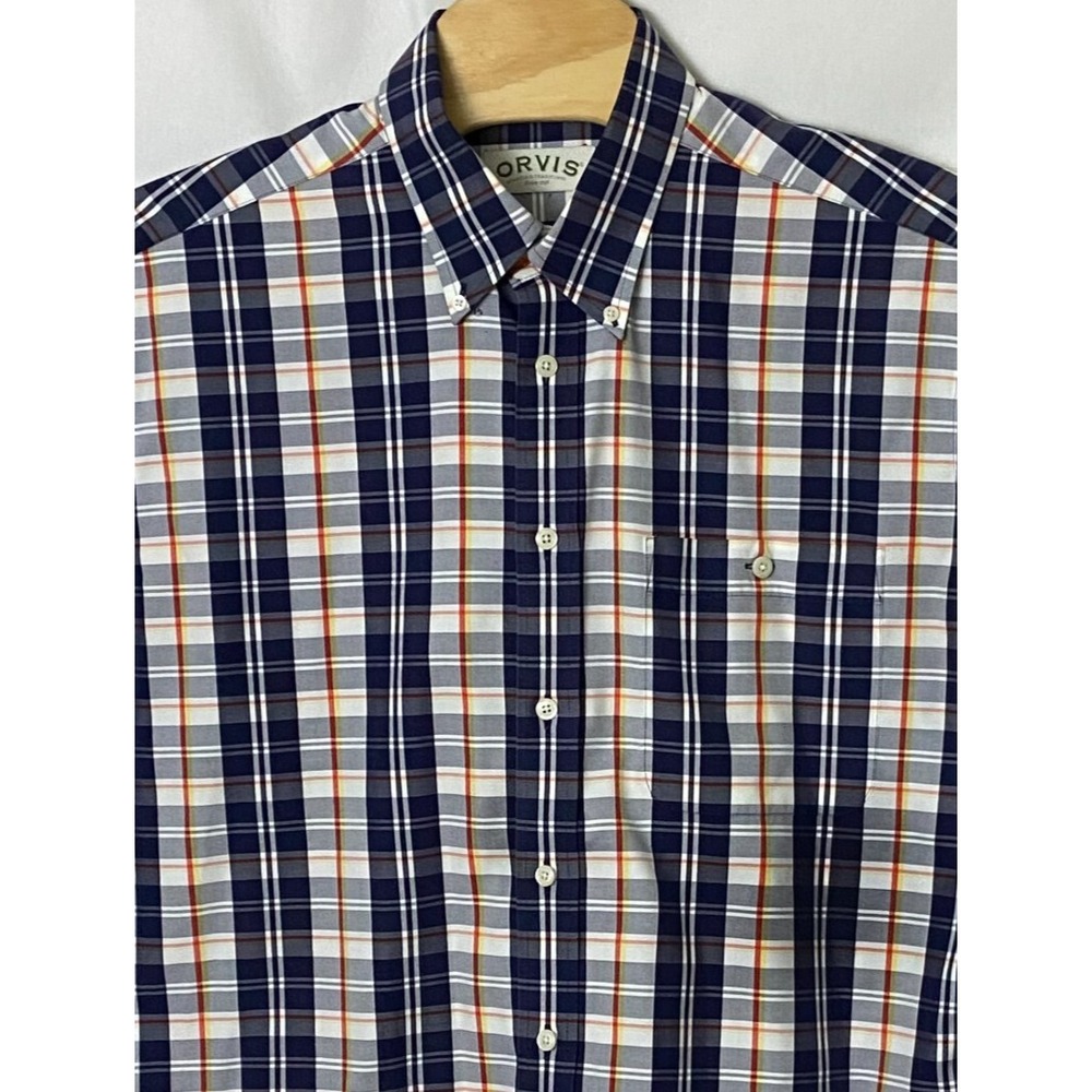 Orvis Mens Shirt XL Navy Orange Plaid Short Sleeve Cotton